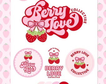 Coquette Strawberry Logo Canva Template, Retro Bow Branding Kit, Feminine Small Business Logo Design, Cute Boutique Branding - CHERI