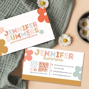 Boho Printable Daisy Business Card Design, Retro Business Card Template QR Code, DIY Floral Calling Card, Editable Canva Template