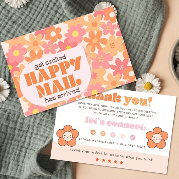 Editable Rainbow Flower Small Business Thank You Card, Printable Retro Thanks For Your Purchase Card, 90s Y2k Business Order Thank You Canva