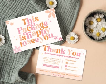 Retro Thank You Card Template Canva, Editable Small Business 70s Groovy Thank You Card, DIY Package Insert, Printable Daisy Thank You - MOD