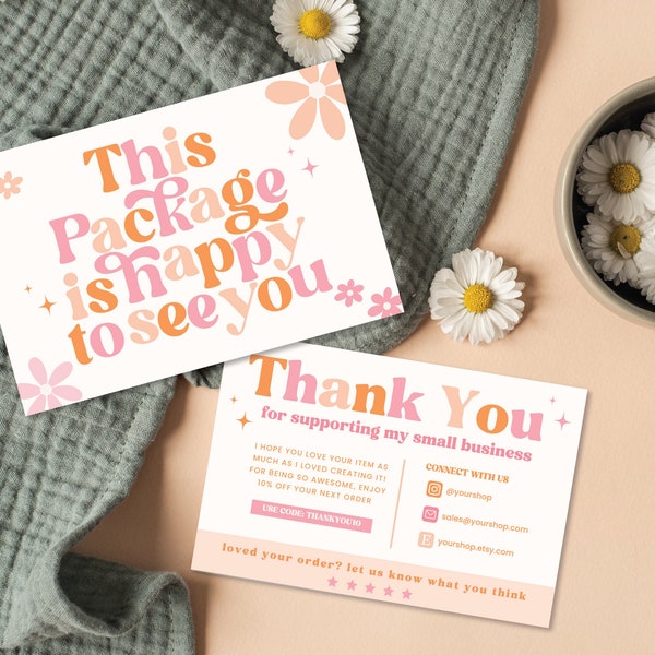 Retro Thank You Card Template Canva, Editable Small Business 70s Groovy Thank You Card, DIY Package Insert, Printable Daisy Thank You Card