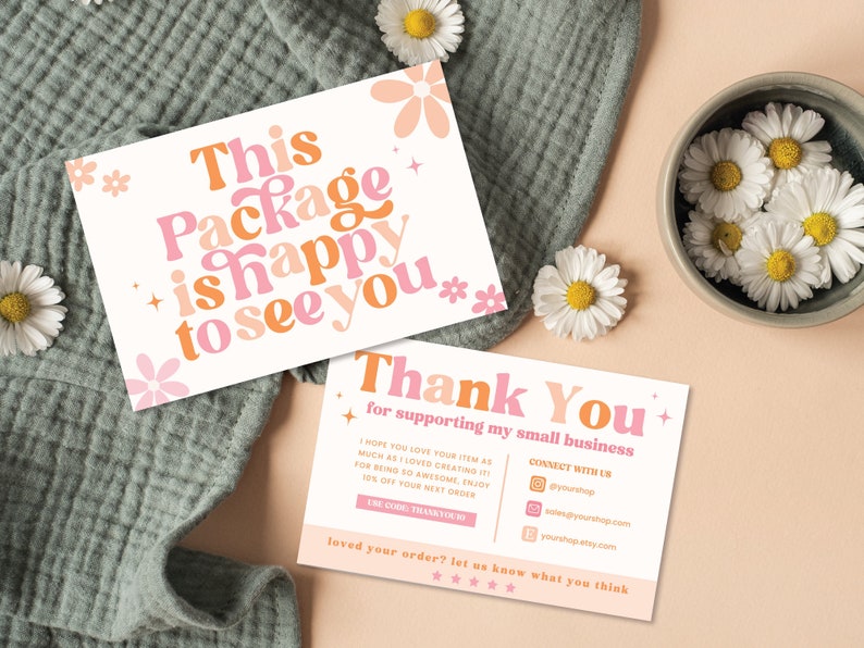 Retro Thank You Card Template Canva, Editable Small Business 70s Groovy Thank You Card, DIY Package Insert, Printable Daisy Thank You MOD image 1
