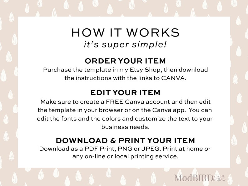 Pode incluir: Um gr&aacute;fico de texto branco sobre um fundo rosa claro com um padr&atilde;o de gotas de chuva brancas. O texto explica como encomendar, editar e baixar um modelo imprim&iacute;vel. O texto inclui as palavras "HOW IT WORKS", "ORDER YOUR ITEM", "EDIT YOUR ITEM", e "DOWNLOAD & PRINT YOUR ITEM".