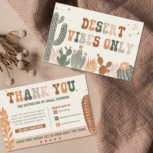 Editable Desert Cactus Business Thank You Card, Printable Thanks For Your Purchase Card, Retro Small Business Package Insert Card, Canva