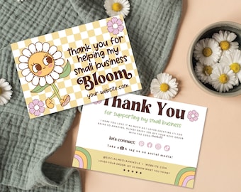 Retro Thank You Card Canva Template, Editable Business Thank You Card, Hippie Daisy Package Insert Card, Customizable Groovy Thank You