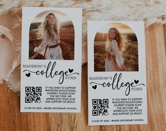 Modern Editable College Fund Card Template, DIY Photo Grad Party QR Code Insert, Venmo Donation Fund, Printable High School Graduation - LIV