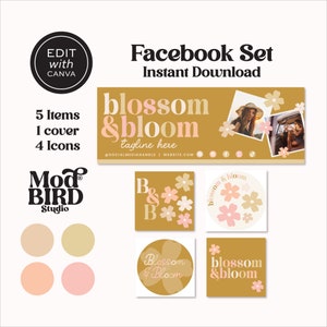 Boho Daisy Facebook Cover Template, Rainbow Facebook Banner, Facebook Icon, Facebook Business Cover Image, DIY Facebook Canva Template