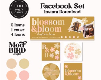Facebook-Titelbildvorlage „Boho Daisy“, Facebook-Banner „Regenbogen“, Facebook-Symbol, Facebook-Unternehmens-Titelbild, Facebook-Canva-Vorlage zum Selbermachen