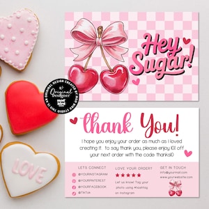 Coquette Cherries Valentine Thanks For Your Purchase Template Canva, Editable Business Thank You Card Template, DIY Retro Business Package