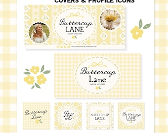 Floral Facebook Group Branding Kit Canva Template, Editable Retro Cottagecore Social Media Kit, Butter Yellow Feminine Cover Set - Nell