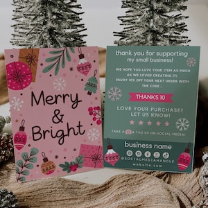 Cute PINK Christmas Business Thank You Card Canva Template, Printable Holiday Thanks For Your Purchase Card, DIY Package Gift Insert Card