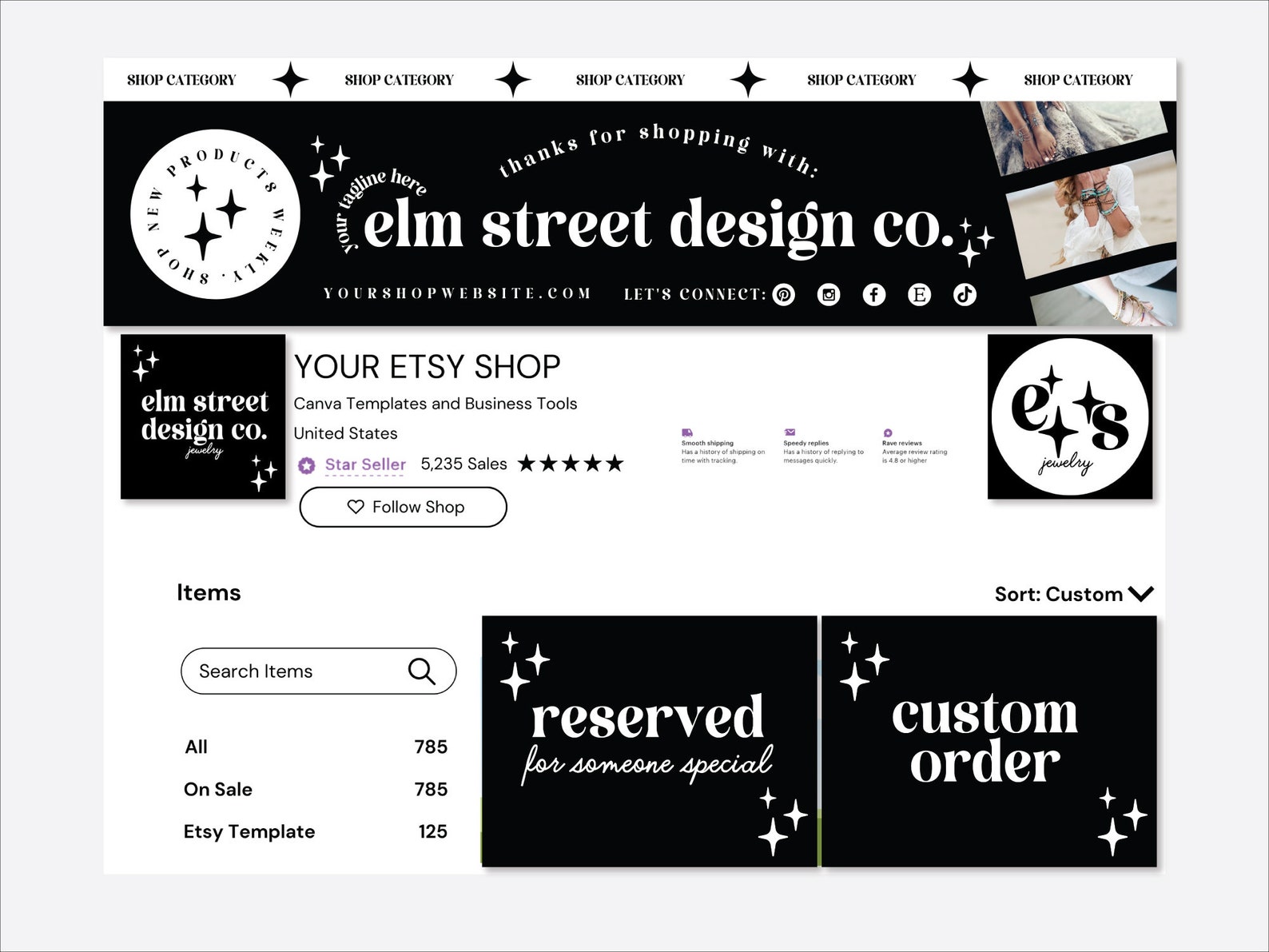Custom Etsy Shop Kit Canva Template, Black and White Etsy Shop Banner ...