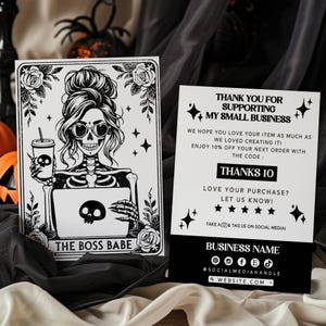 Halloween Skeleton Boss Babe Tarot Business Thank You Card Canva Template, DIY Editable Spooky Package Insert, Goth Thank You Postcard