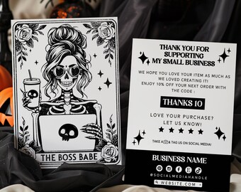 Halloween Skeleton Boss Babe Tarot Business Thank You Card Canva Template, DIY Editable Spooky Package Insert, Goth Thank You Postcard