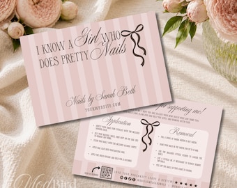 Press On Nails Backing Card Template, Editable Nail Instructions Card, Coquette Nail Packaging Insert, Pink Bow Nail Business Template-CORA
