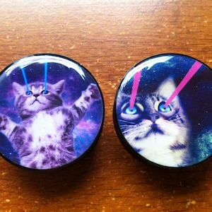 Könnte beinhalten: Zwei runde schwarze und silberne Ohrstöpsel mit Katzenohren, einem Galaxie-Hintergrund und rosa Laserstrahlen, die aus den Augen der Katze schießen. Die Katze links schaut nach oben und die Katze rechts schaut geradeaus.