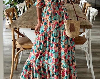 Button Up Ruffle Hem Tiered Maxi Dress