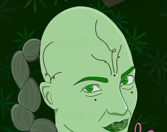 Surrealistiskt konsttryck med konstigt träd: Illustration av grön kvinnlig karaktär (digital nedladdning)
