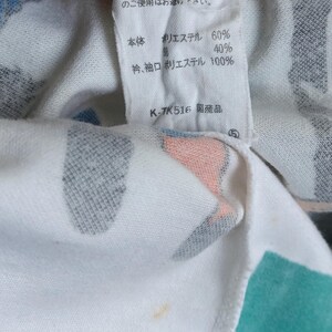 May include: White tag with black text detailing the fabric composition of a garment. The tag reads "Body: Polyester 60%, 40%. Collar, Cuff: Polyester 100%. K-TK516 Made in Japan."
