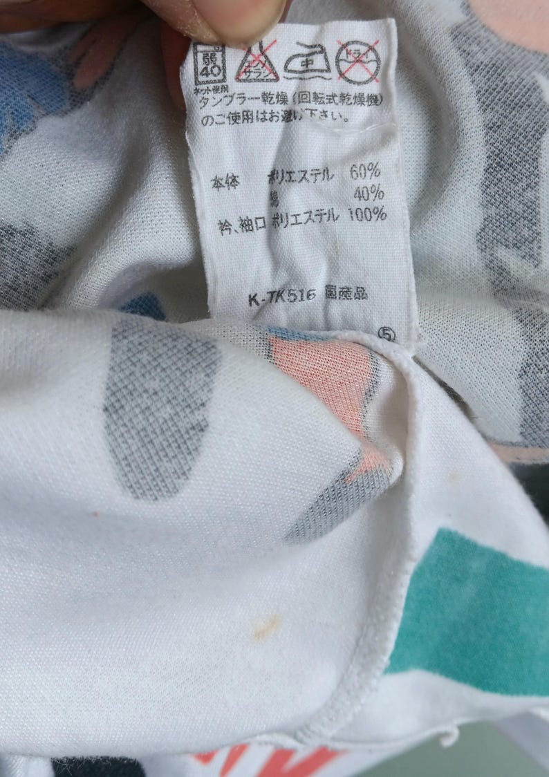 May include: White tag with black text detailing the fabric composition of a garment. The tag reads "Body: Polyester 60%, 40%. Collar, Cuff: Polyester 100%. K-TK516 Made in Japan."
