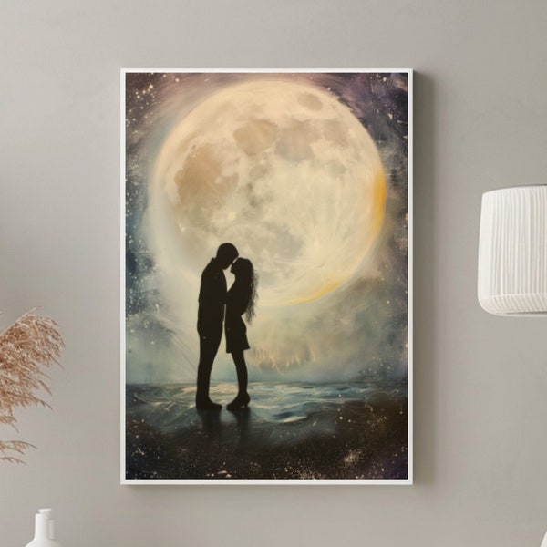 Printable Couple Under Full Moon, Love-Inspired Digital Wall Art, Romantic Digital Art for Anniversary or Valentine's Gift