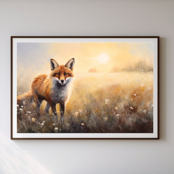 Countryside Art, Downloadable Fox in Warm Fields, Rustic Nature Digital Wall Art, Fox Art Print, Wheat Field Decor