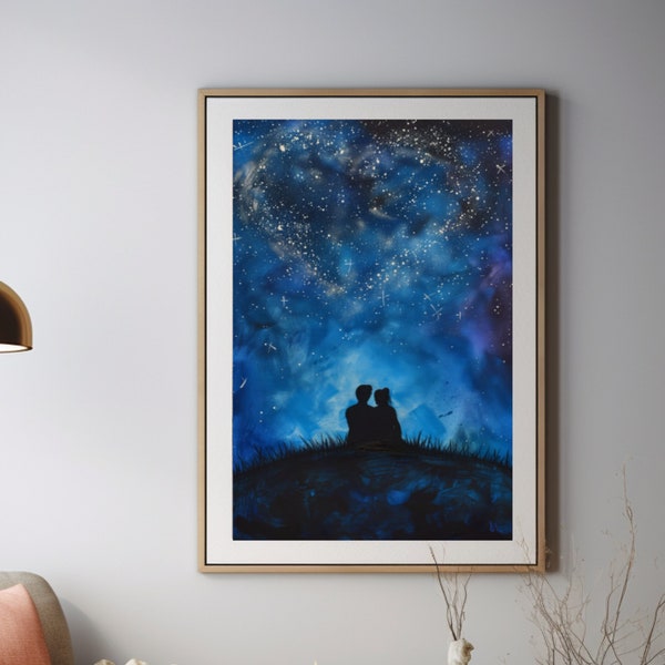 Couple's Stargazing Digital Print, Starry Night Sky Wall Art, Romantic Home Decor, Memorable Valentine's Day Present