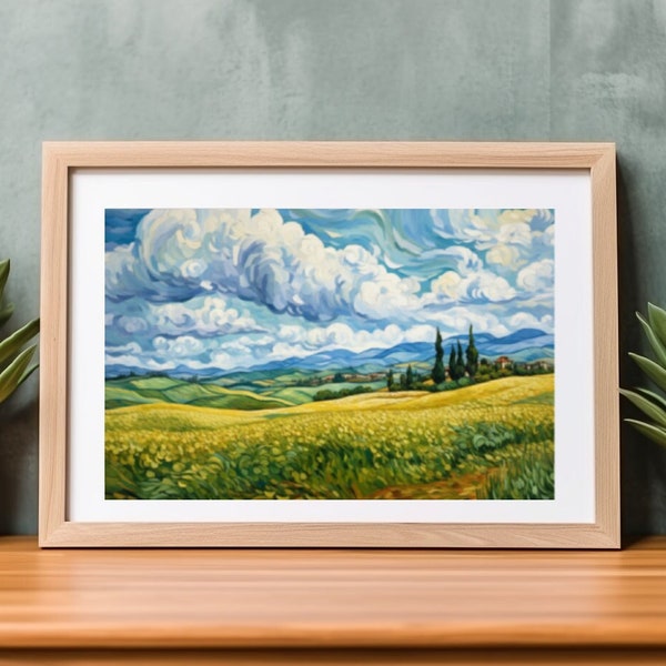 Tuscan Flower Fields Digital Art - Instant Download, Scenic Landscape Painting, Printable Wall Art