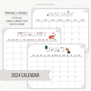 2024 Calendar | Printable Editable Calendar | Printable Calendar | 2024 Calendar | Monthly Calendar | Kids Calendar | Digital Download