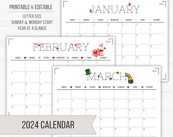 2024 Calendar | Printable Editable Calendar | Printable Calendar | 2024 Calendar | Monthly Calendar | Kids Calendar | Digital Download