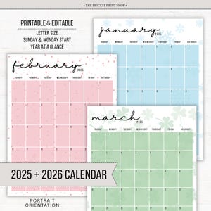 2025 2026 Calendar | Printable Editable Calendar | Portrait Calendar | 2025 Calendar | 2026 Calendar | Monthly Calendar | Digital Download