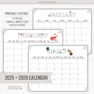 2025 2026 Calendar | Printable Editable Calendar | 2025 Calendar | 2026 Calendar | Monthly Calendar | Kids Calendar | Digital Download