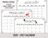 2026 2027 Calendar | Printable Editable Calendar | 2026 Calendar | 2027 Calendar | Monthly Calendar | Kids Calendar | Digital Download