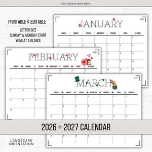 May include: Printable and editable 2026 + 2027 calendar in letter size. The calendar includes January, February, and March, with Sunday and Monday start dates. The design features decorative elements for each month.