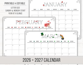 Puede incluir: Calendario imprimible y editable 2026 + 2027 en tamaño carta. El calendario incluye enero, febrero y marzo, con fechas de inicio en domingo y lunes. El diseño presenta elementos decorativos para cada mes.