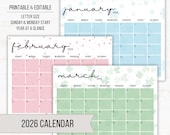 2026 Calendar | Printable Editable Calendar | 2026 Calendar | Monthly Calendar | Kids Calendar | Digital Download