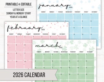 2026 Kalender | Druckbarer bearbeitbarer Kalender | 2026 Kalender | Monatskalender | Kinderkalender | Digitaler Download