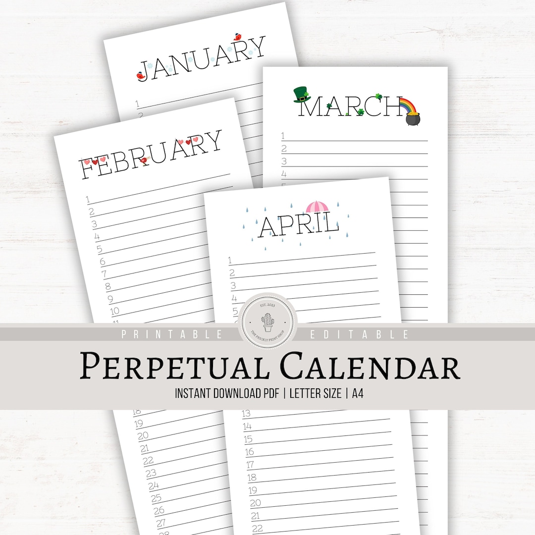 Editable Printable Perpetual Calendar | Perpetual Calendar | Editable Calendar | Printable ...
