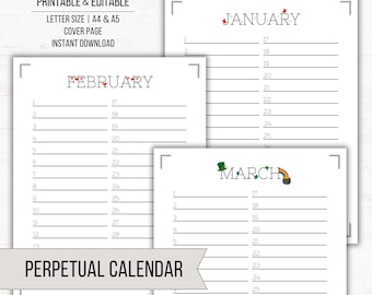 Editable Printable Perpetual Calendar | Perpetual Calendar | Editable Calendar | Printable Calendar | Birthday Calendar | Event Calendar