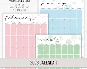 2026 Calendar | Printable Editable Calendar | Portrait Calendar | Monthly Calendar | Kids Calendar | Digital Download