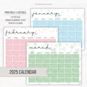 Calendário 2025 | Calendário editável para impressão | Calendário para impressão | Calendário 2025 | Calendário mensal | Calendário infantil | Download digital