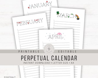 Editable Printable Perpetual Calendar | Perpetual Calendar | Editable Calendar | Printable Calendar | Birthday Calendar | Event Calendar