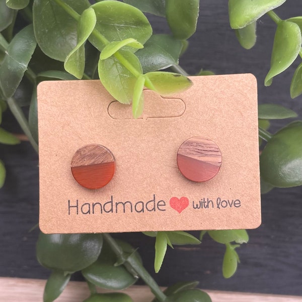 Wood & Resin 10mm stud earrings - amber color and wood - Stainless steel post