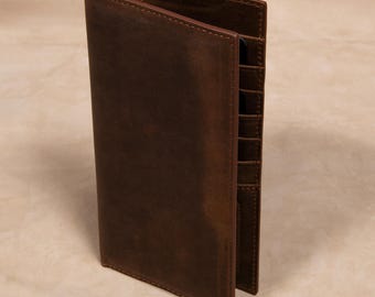 Leather Long Wallet, Unisex, Slim Travel Design, 7.5" Tall - Genuine Full Grain Leather Mothers Day Gift for Mom