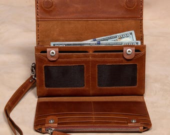 Leather Bifold Wallet, Clutch Bag for Women | Handmade Full Grain Leather Wristlet Mini Handbag, Vintage Brown, Zipper Pocket