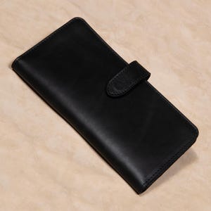 Leather Wallet for Women – Minimalist Cowhide, Magnetic Slim Clutch with Card Holder Black