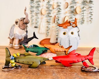 Leather Shark Keychain – Handmade Animal Gift for Him Her – Cute Backpack Charm – Purse Accessory