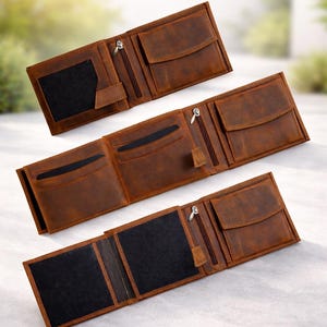 Leather Trifold Wallet for Men with 2 Picture Insert and Coin Pocket | Handmade Full Grain Leather, Vintage Brown | Gift for Him Dad Husband