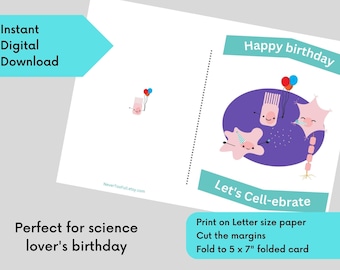 Cells Celebrate Birthday Greeting Printable Card, Science Pun, Funny, Cute, Biology, Nerdy, Digital, Instant Download Only, print multiple