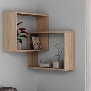 Modernes Eckregal aus Holz, geometrisches Wanddekor